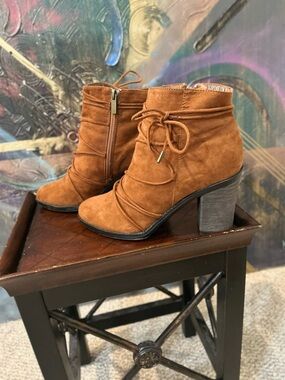 BAMBOO Cognac Suede Lace-Up Ankle Booties with Block Heel